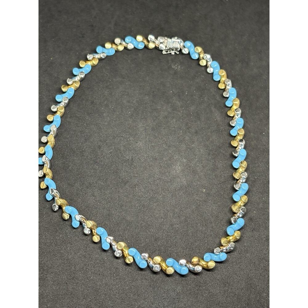 Vintage Sterling Silver 925 3 Tone Gold Turquoise Enamel Twisted Necklace KR 32g - Picture 9 of 13
